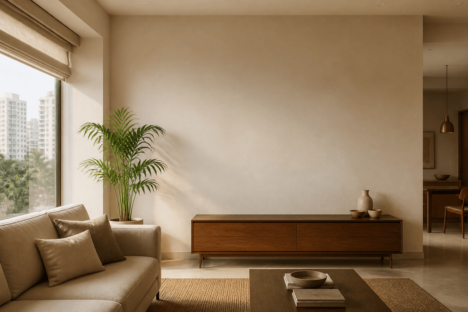 Warm contemporary living room prepared for an artwork